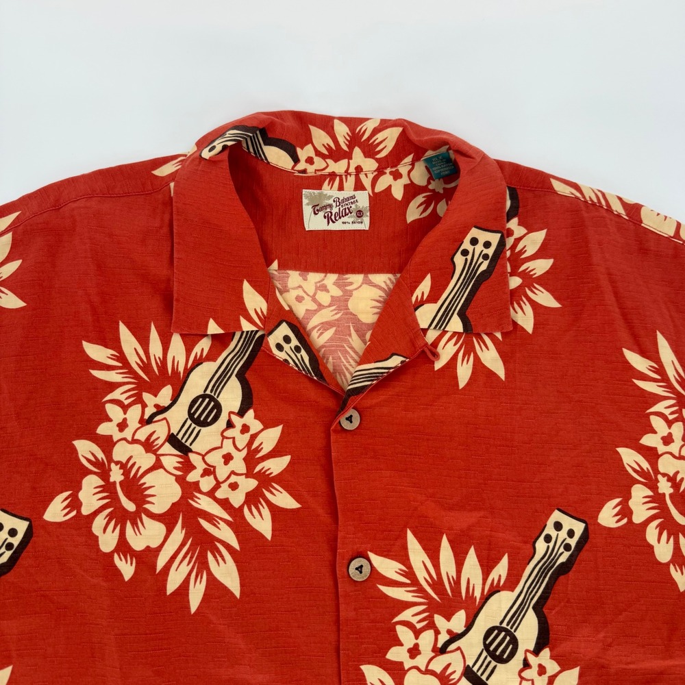 Tommy Bahama Vintage Relax Mens XLX Red Ukulele Floral 100% Rayon Camp Shirt